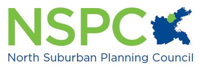 NSPC logo. In large, capitalized green letters it says, "NSPC." To the right of the letters is a blue map of the Greater Boston region with the NSPC subregion colored in light green. Underneath in smaller, blue letters it says, "North Suburban Planning Council."