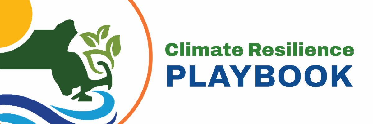 Illustration of a map of Massachusetts in green with water under the map and a sun over the map. To the right of the illustration text says Climate Resilience Playbook.