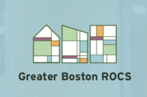 Three different shaped buildings. Each has multi colored different shapes inside them. Text under the three buildings says Greater Boston ROCS.