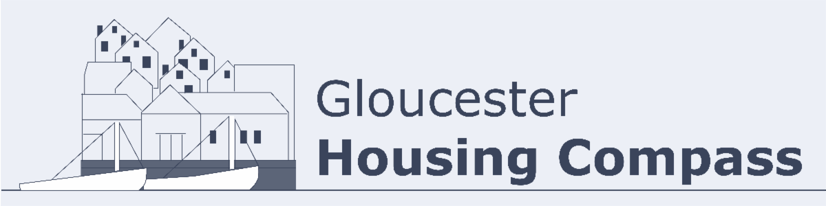 Outlined houses together with two small white boats in front. Text to the right says Gloucester Housing Compass.