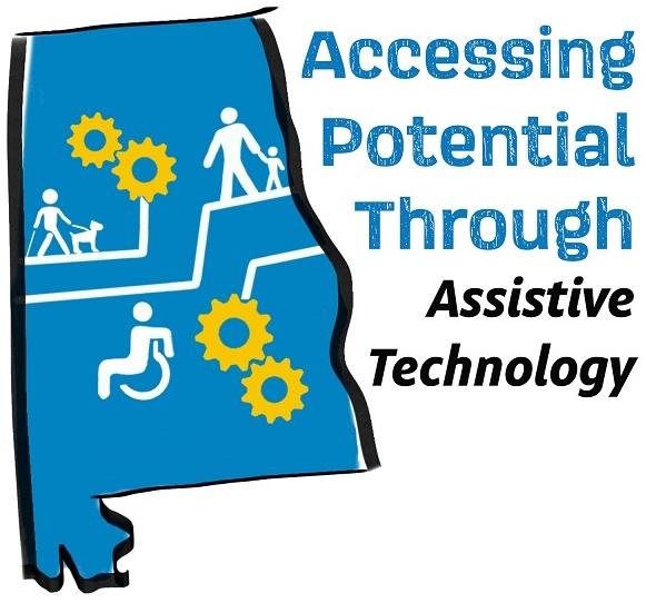 Logo for "Accessing Potential Through Assistive Technology" featuring a blue silhouette of Alabama with accessibility symbols and gears.
