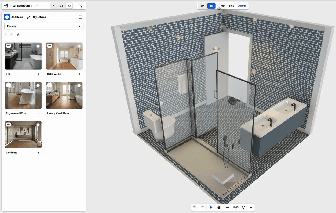 Flipping between three versions of the same bathroom in 3D