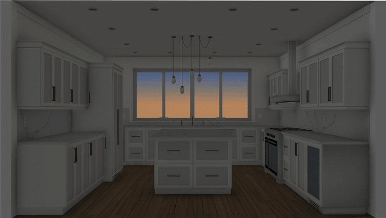 Kitchen lights turning on one circuit at a time at dusk