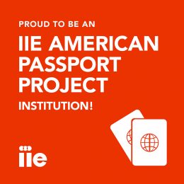 Red background with white words PROUD TO BE AN IIE AMERICAN PASSPORT PROJECT INSTITUTION