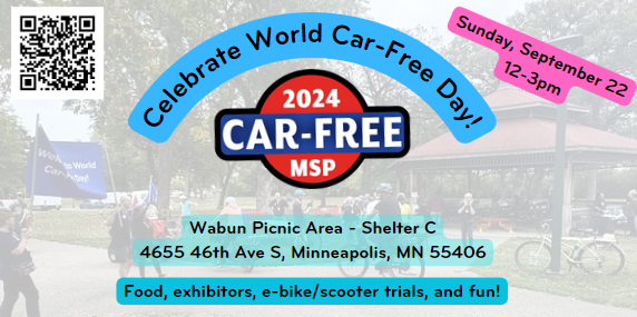World Car-Free Day graphic with text: Sunday September 22 12-3pm, Wabun Picnic Area Shelter C