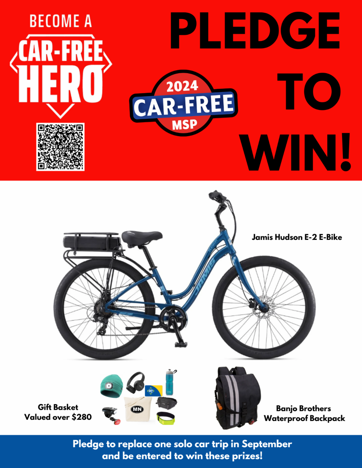 Flyer with the words "Car-Free MSP" and "Pledge to Win!" and images of prizes including an e-bike, backpack and gift basket
