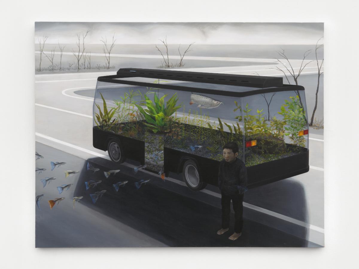 image of a child standing in front of a bus acting as an aquarium