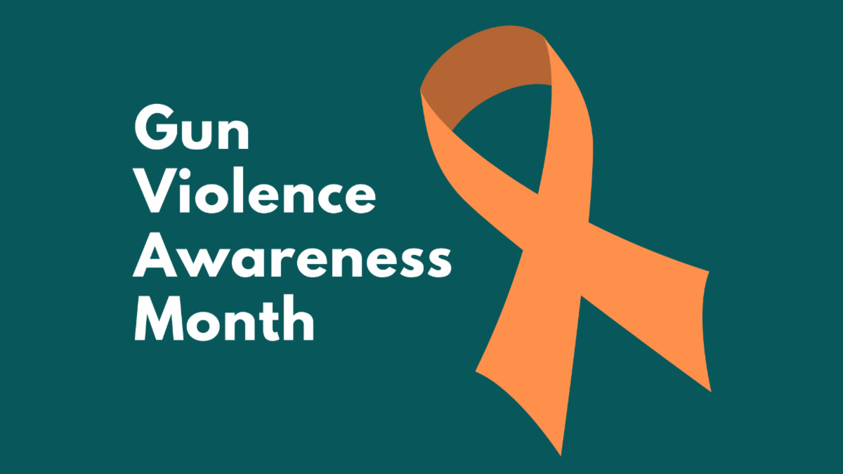 Gun Violence Awareness Month with Orange Ribbon on a Teal Background