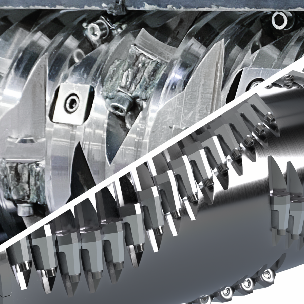 Graphic showing two Vecoplan shredder rotor designs: the Film and Fiber rotor in the top-left section and the V-rotor in the bottom-right section.