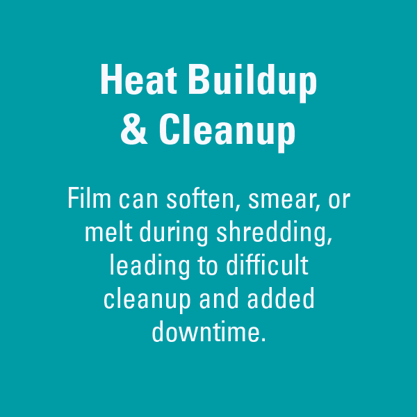 Challenge Card: Heat Buildup & Cleanup. Film can soften, smear, or melt during shredding, causing difficult cleanup and downtime.