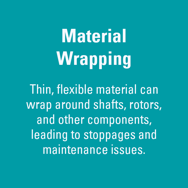 Challenge Card: Material Wrapping. Thin, flexible material can wrap around shafts, rotors, and components, causing stoppages and maintenance issues.