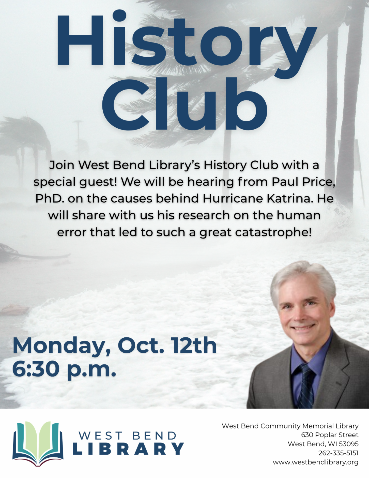 A rainy and windy beach with large waves and palm trees blowing in the wind. the front of the image shows a picture of the presenter. He is an older gentleman with white hair and he is wearing a suit.