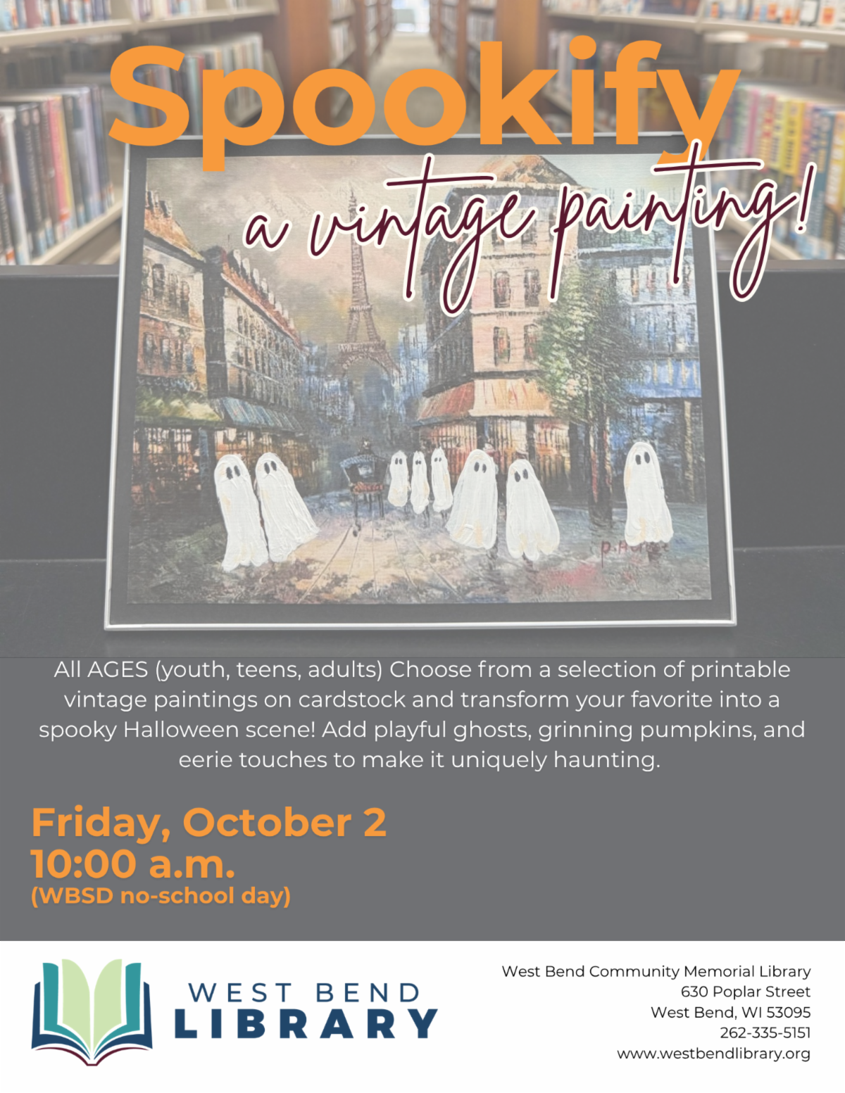Painting of ghosts on display on a library cart.