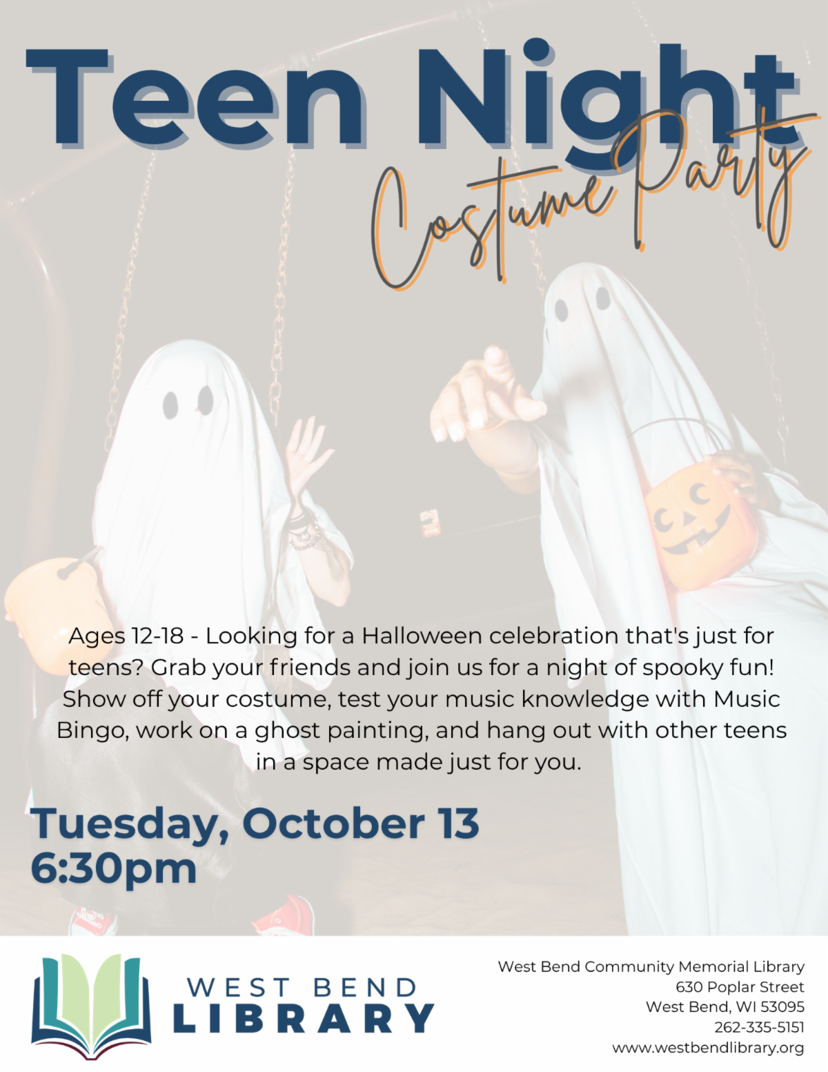 2 teens on swings dressed as ghosts with white sheets over them. They are holding trick or treat pumpkins in their hands.
