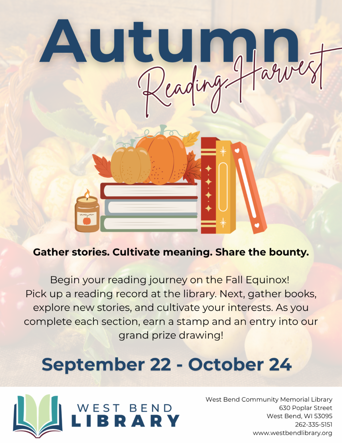 Stack of autumn-themed textbooks with a pencil and a jar of colored pencils on the side, plus orange pumpkins and fallen leaves in the background.