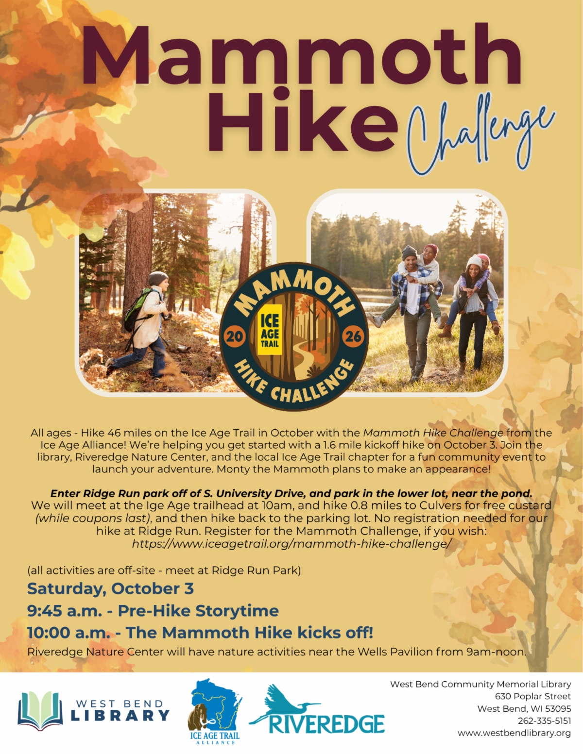 2 pictures shown. One image is a smiling child running on a hiking path. One image is a family of 4, with a mom and dad and children on their shoulders walking on a path.