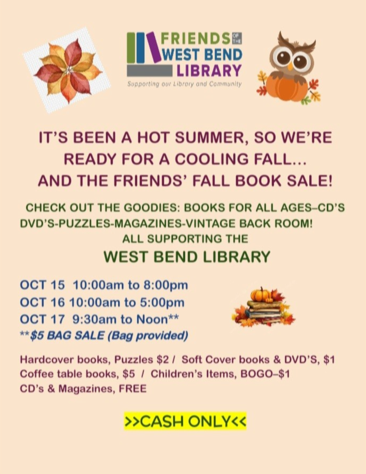 Lots of fall items such as a stack of books with fall leaves on them and an owl in leaves.