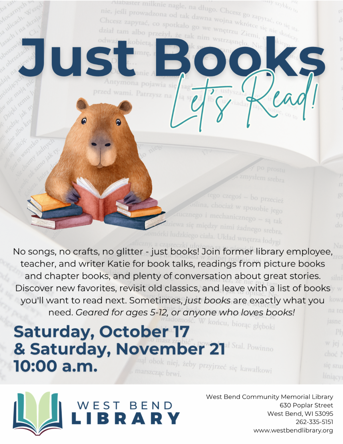 The background shows open books with pages of text. The foreground shows a capybara with a stack of book.s.
