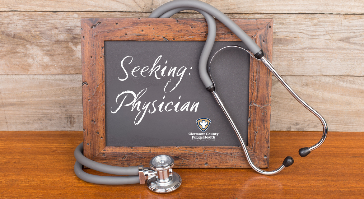 Chalkboard reading "seeking physician" with stethoscope