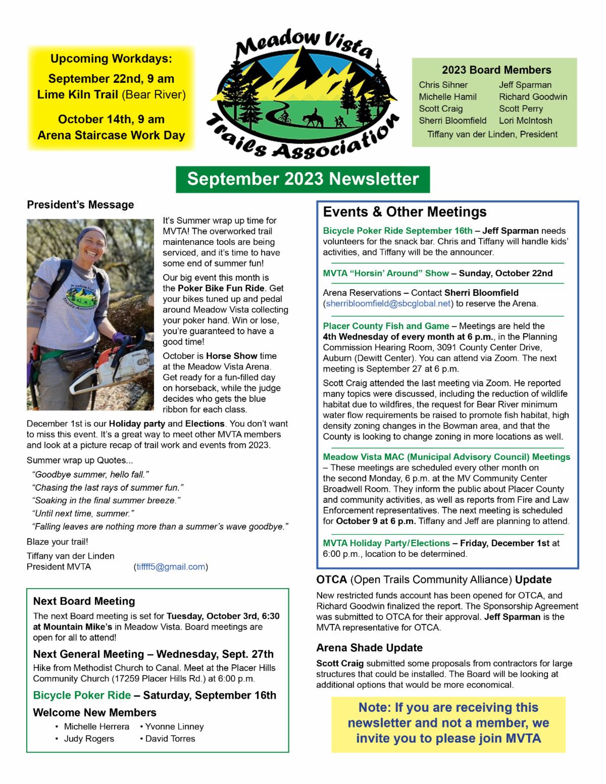 Meadow Vista Trails Association September 2023 Newsletter