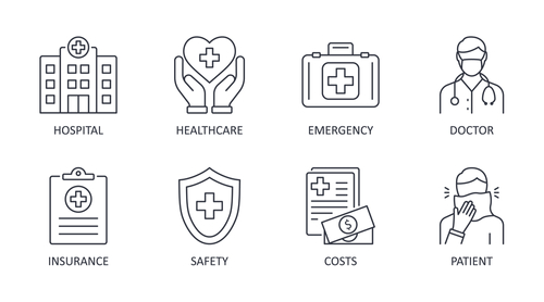 Vector icons medical care. Editable stroke. Hospital safety insurance doctor patient emergency healthcare costs. Stock line illustration on white background
