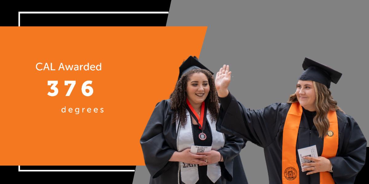 College of Arts and Letters awarded 376 degrees. Two students high five each other at graduation.