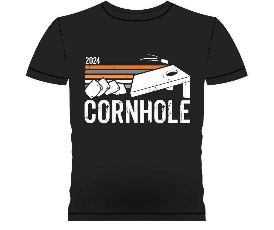 A tee shirt. It is black with a graphic image of a cornhole board, and the words "2024 Cornhole"