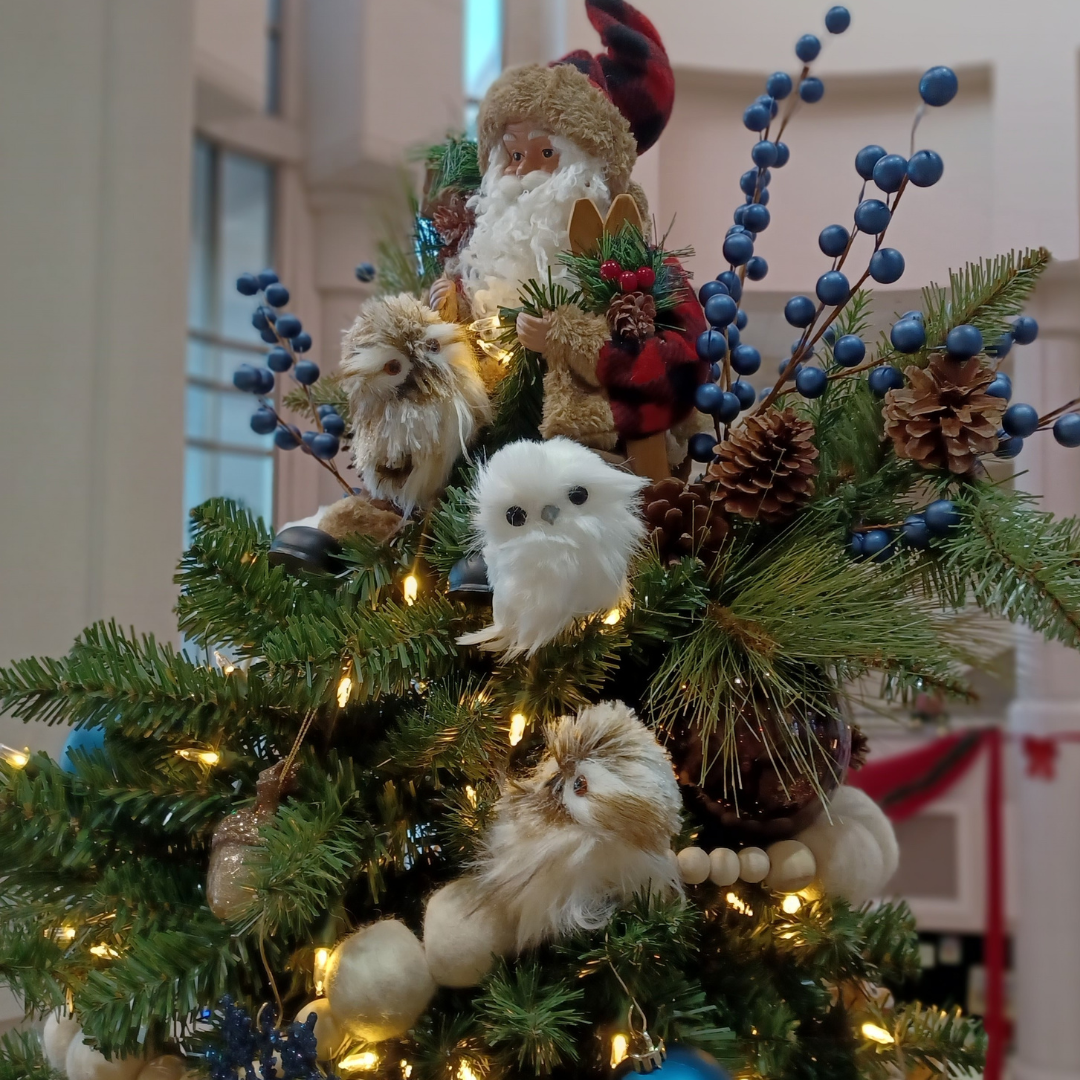 Close up on a Christmas tree with stuffed owls in it