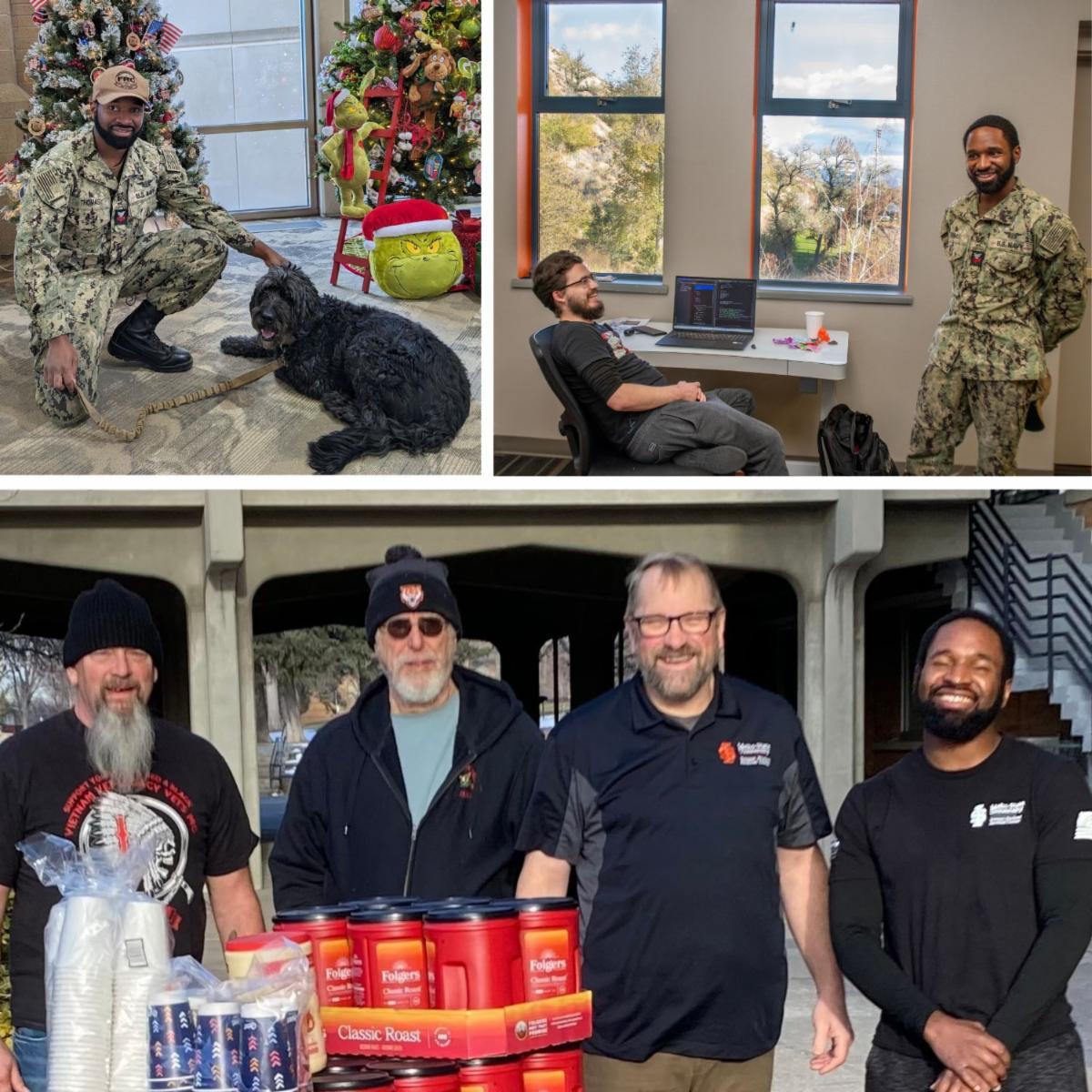 A photo collage featuring Thomas: He is bent down petting a dog, he is laughing with a co-worker, he is standing with 3 other men at a table serving coffee