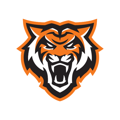 Roar bengal head: a tiger graphic of a tiger face roaring in black, orange, and grey