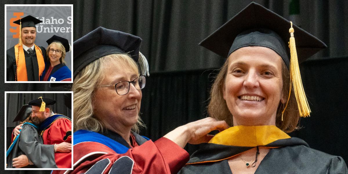 Kandi Turkey Ames, Dean of the College of Arts and Letters on the diploma stage with three different graduates
