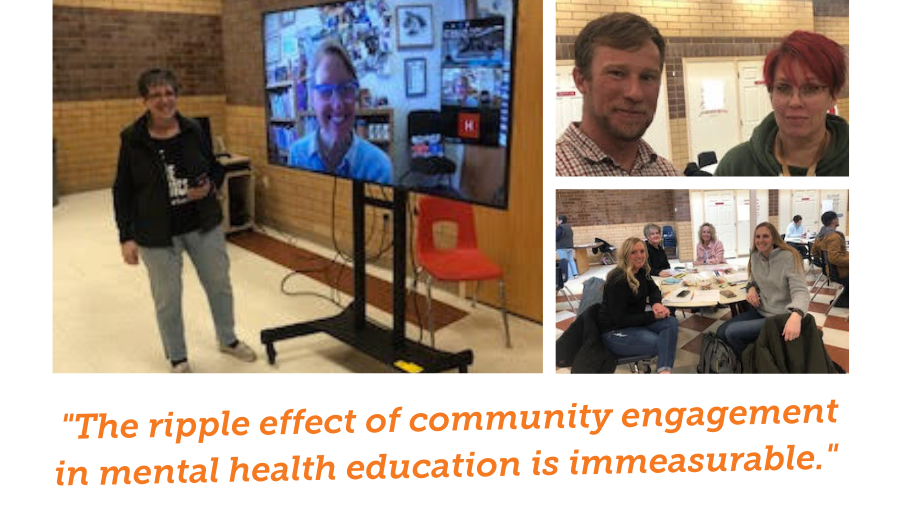 Three photos: Instructors for mental health first aid are pictured. One is joining remotely and is pictured on a large screen. The other trainer is standing next to the screen and both are smiling. Two teachers smile for the camera. A few teachers at a table turn toward the camera and smile.