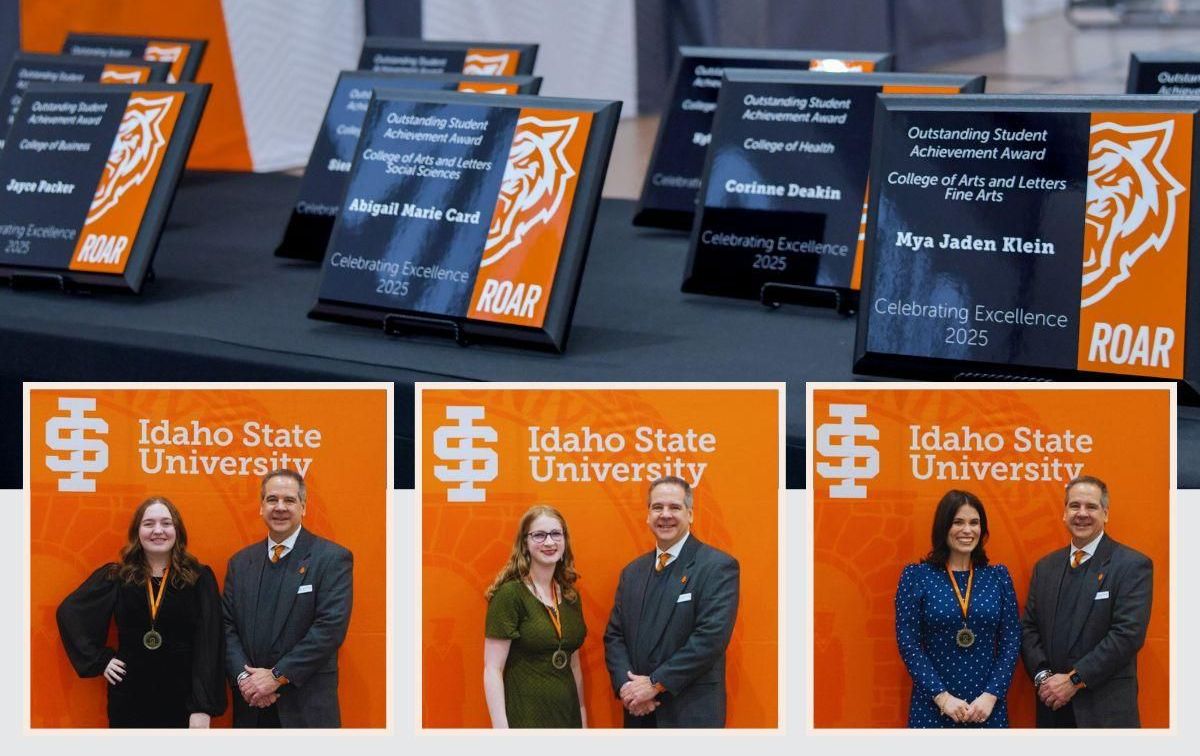 Three students pose with President Wagner at Idaho State University awards event with award plaques displayed above