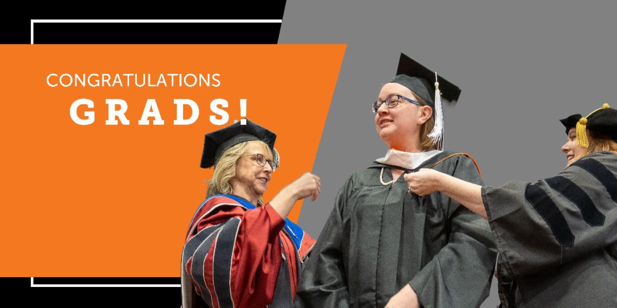 Congratulations Grads! Virginia Barnett is hooded by Dean Turley Ames and a faculty member