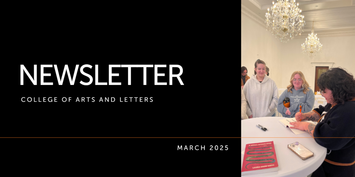 Black background with a photo of visiting writer Laura Chow Reeve signing a copy of her book for two students, who look on smiling. Words say: Newsletter March 2025"