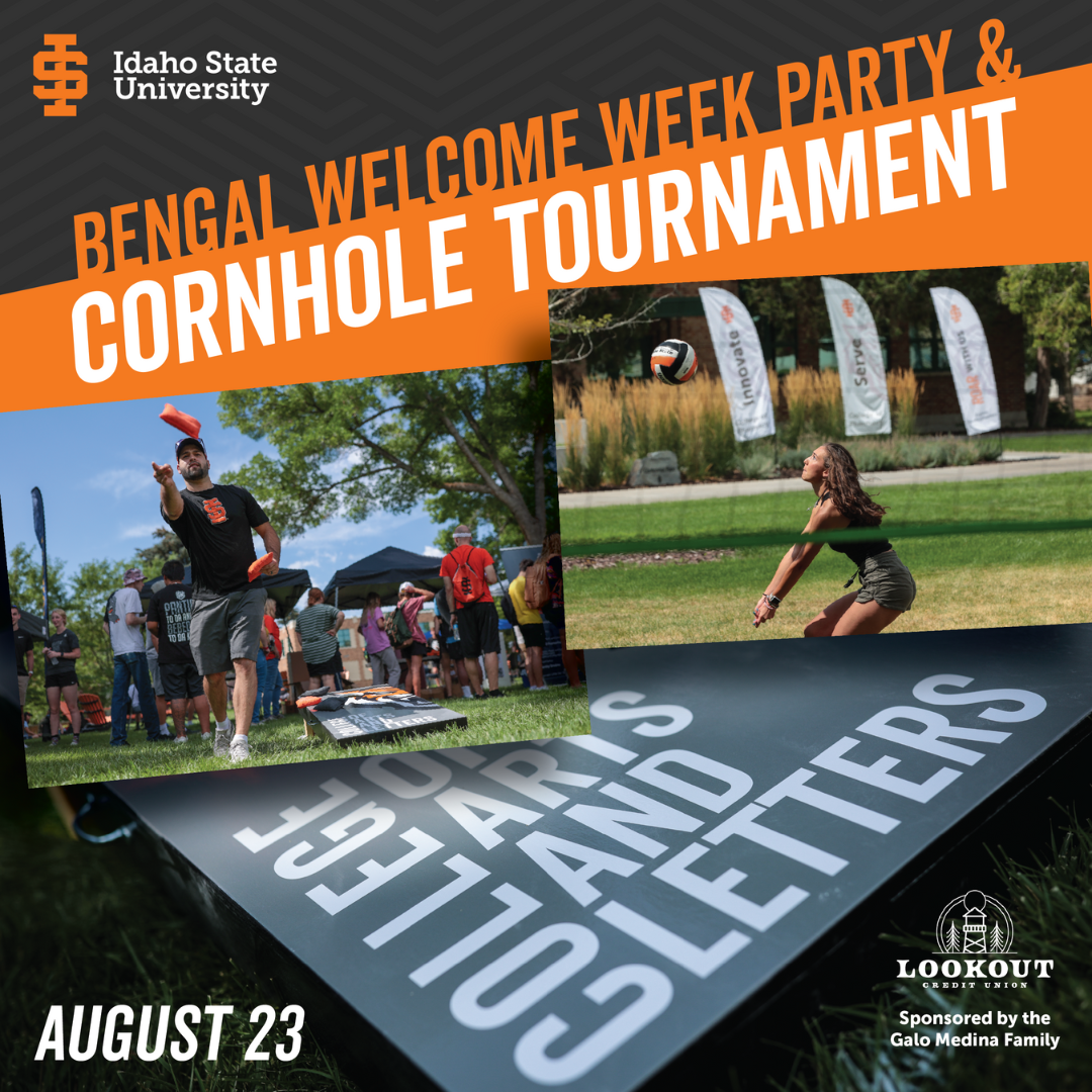 Poster showing a photo of a person throwing cornhole bags at a cornhole board, and a person playing volleyball. Text says "Bengal Welcome Week Party and Cornhole Tournament"