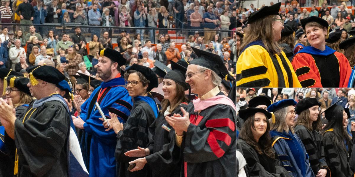 Faculty members at graduation clap and smile for their graduating students