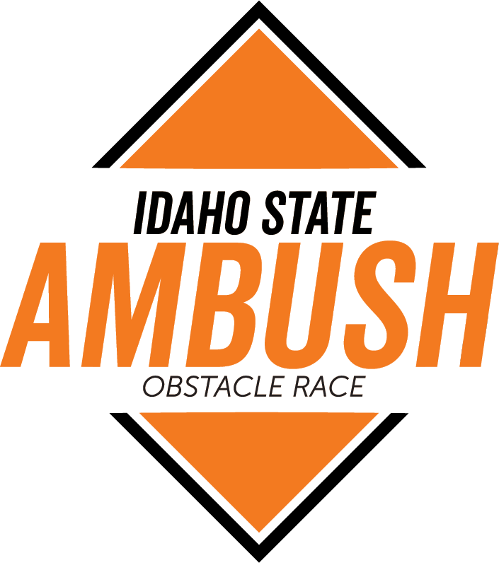 Graphic image in orange and black. Text says "ISU Ambush Obstacle Race" and is centered in an orange and black diamond with a white background