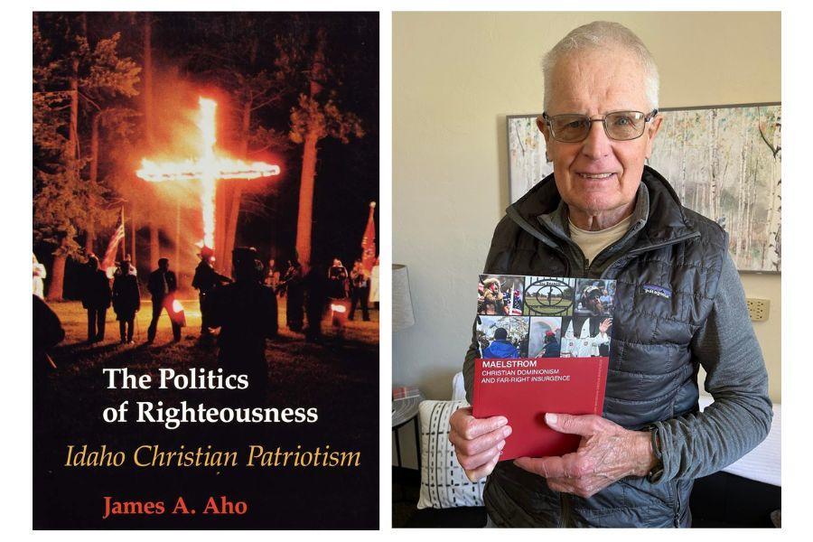 James Aho holds his most recent book. Pictured on the left is the cover of his first book which features a burning cross.