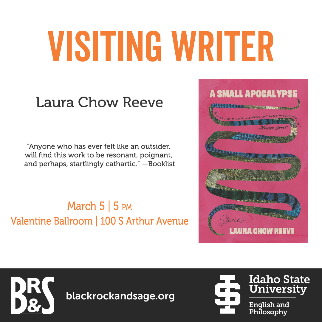 The book cover of "A Small Apocalypse" is bright pink and features a green and blue snake twisting around it. Words on flier say "Visiting Writer Laura Chow Reeve. Anyone who has ever felt like an outsider will find this work to be resonant, poignant, and perhaps, startlingly cathartic. Booklist