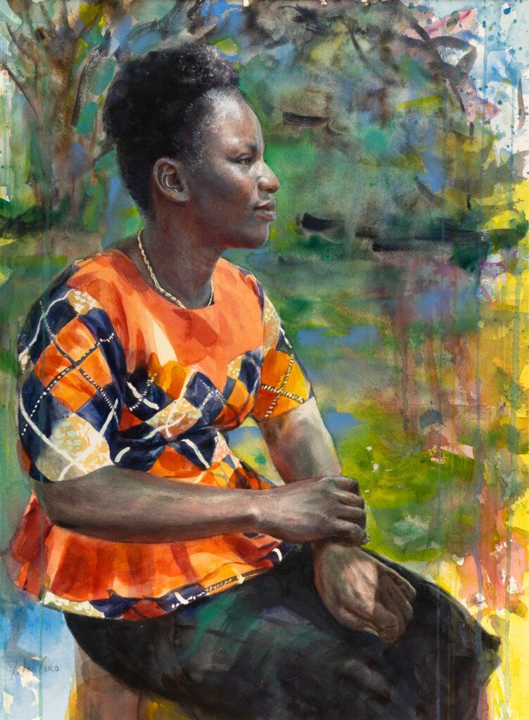 Painting of the profile perspective of a woman seated with hands folded on her lap