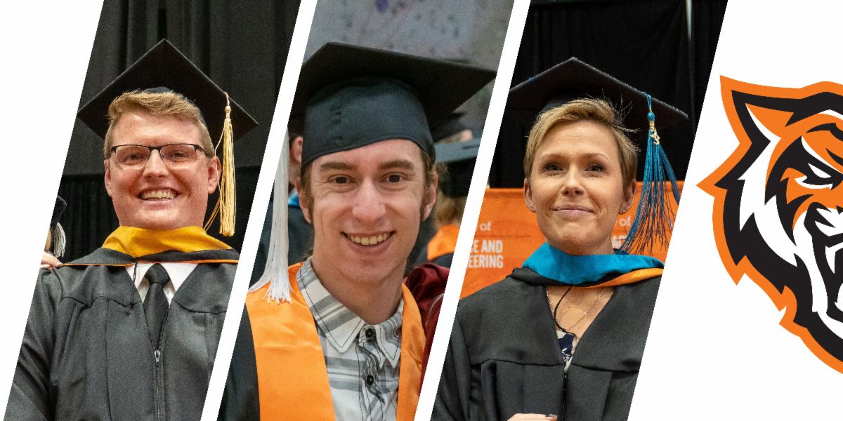 Three graduating students smile in their cap and gown