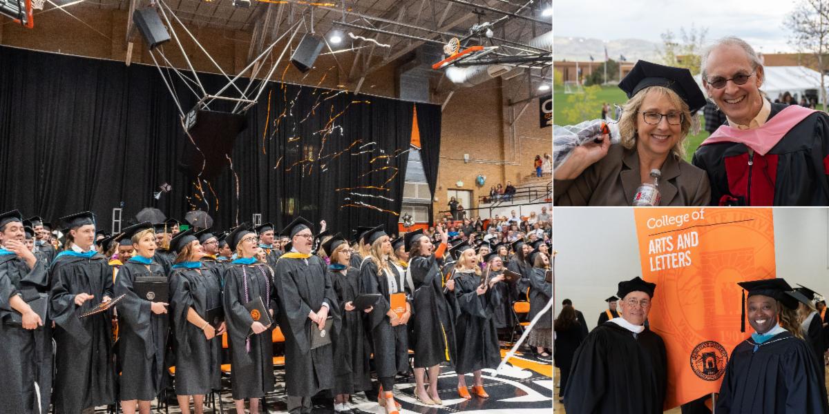 Graduate group with confetti Dean Turley Ames and Geoffrey Friedley Professional Achievement Award Winners holding banner
