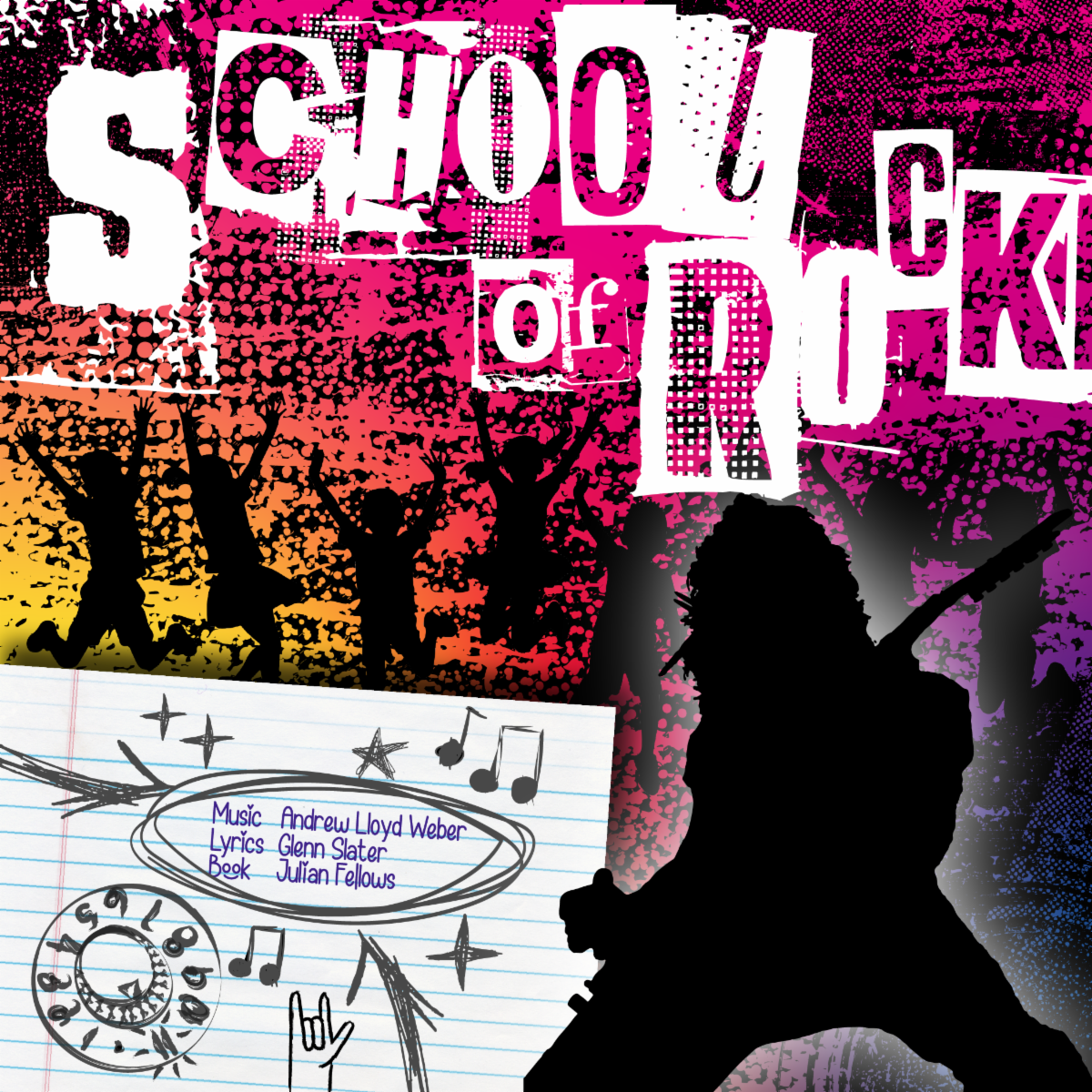 School of Rock promotional graphic with vibrant colors jumping silhouettes and a guitar player.