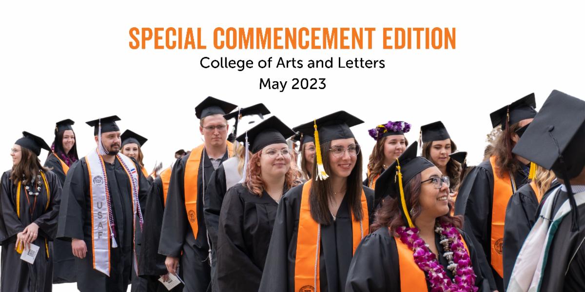 Special Commencement edition of the Arts and Letters newsletter. Photo of graduates standing in line to enter Reed Gym.