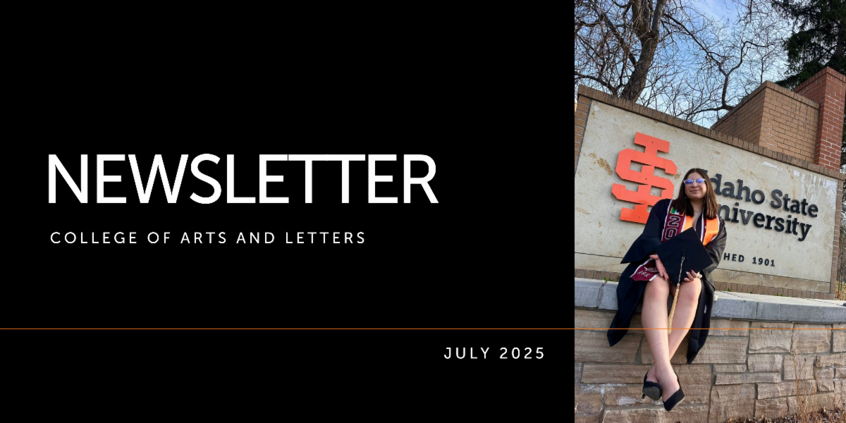 Photo of Jennifer Vidalez in graduation cap and gown sitting on a brick paver in front of the Idaho State University sign