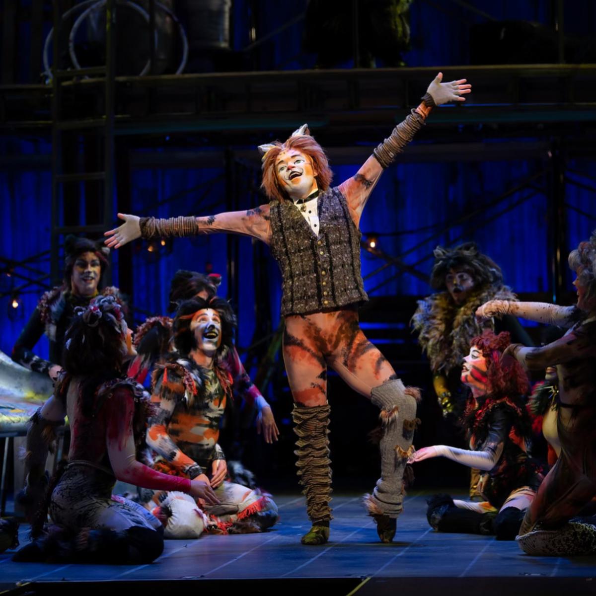 Nathan Templeton in costume for Cats (he is painted as an orange and black cat with a vest and grey leggings and gloves. The Cats cast kneels and looks up at him on the stage.