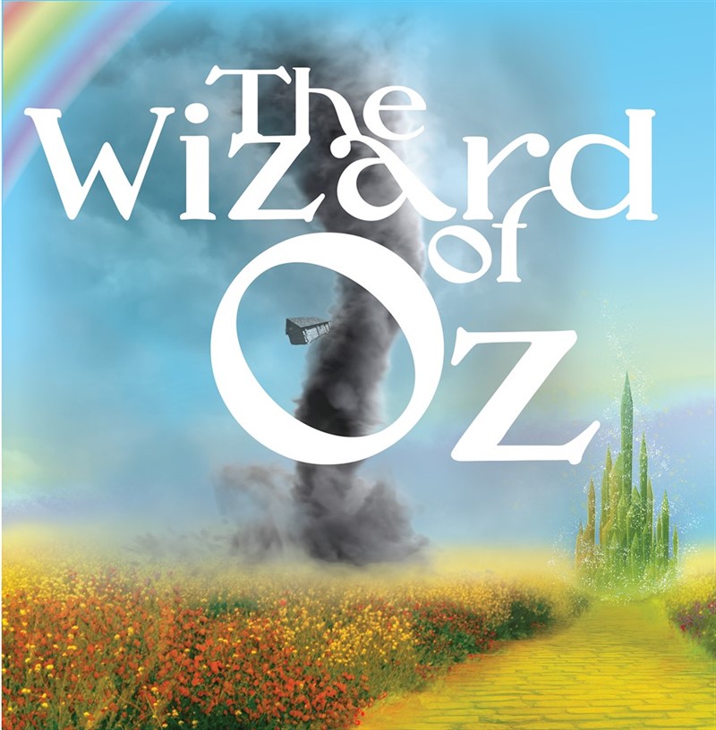 A graphic illustration with a tornado, blue sky, and Green City of Oz in the background. The graphic says "The Wizard of Oz" 