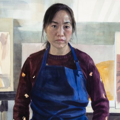 This is a painting of an immigrant woman. She has a blue apron on and wears a purple sweater. 