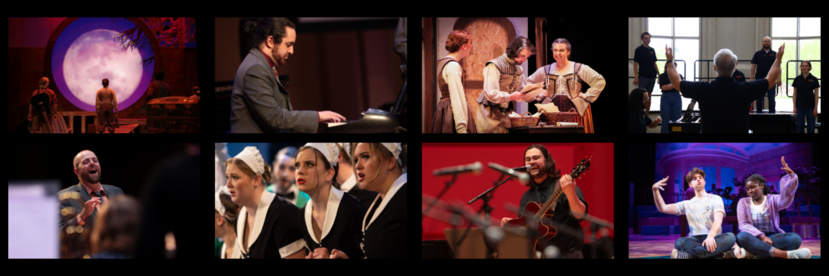 a collage of photos from theatre and music performances including a pianist, a conductor, a guitar player, a choir conductor conducting choir, theatre productions with actors dressed as maids, and Elizabethan England costumes